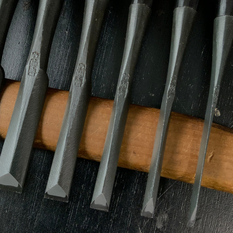 Tasai Dovetail Bench chisels set with blue steel Oirenomi 田斎作 黒仕上 鎬追入組鑿 10本組