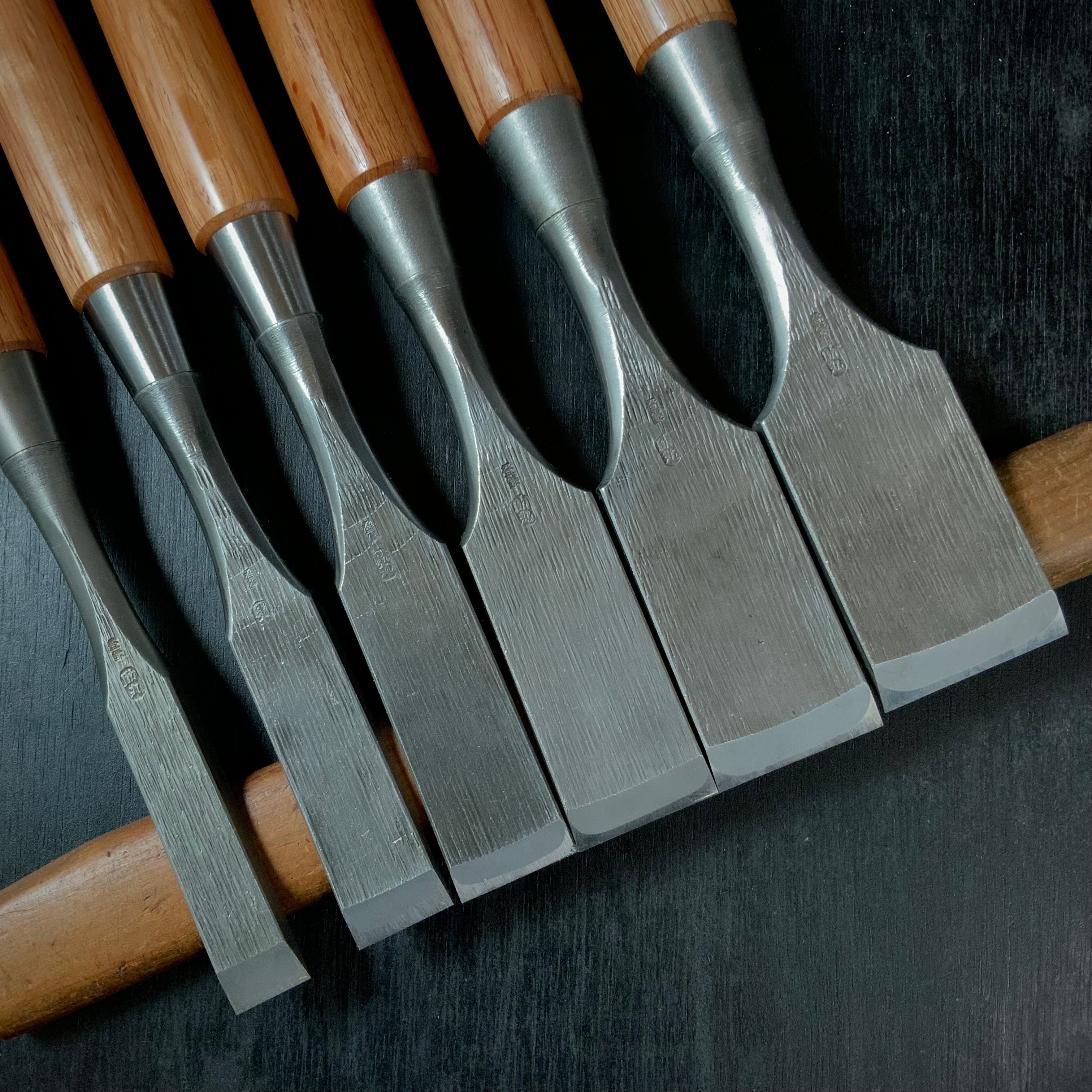 Old stock Sukemaru 3rd Damekiri chisels set with Triple ura 掘出し物 三代助丸作 碓氷金三郎氏 ダメ切り6本組鑿 Damekirinomi