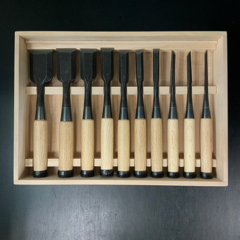 Takashiba Bench chisels set (Oirenomi) with wooden box 高芝 追入組鑿 白紙鋼 桐箱付