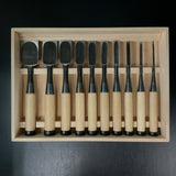 Takashiba Bench chisels set (Oirenomi) with wooden box 高芝 追入組鑿 白紙鋼 桐箱付