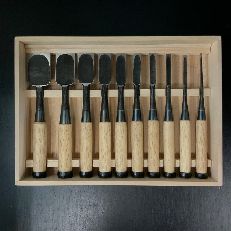 Takashiba Bench chisels set (Oirenomi) with wooden box 高芝 追入組鑿 白紙鋼 桐箱付