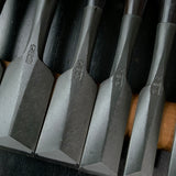 Tasai Dovetail Bench chisels set with blue steel Oirenomi 田斎作 黒仕上 鎬追入組鑿 10本組