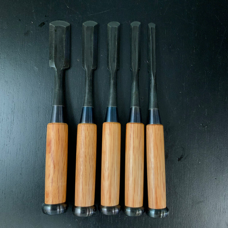 Unknown Soto maru chisels set with White steel    作者不明 外丸組鑿 5本組 Sotomarunomi