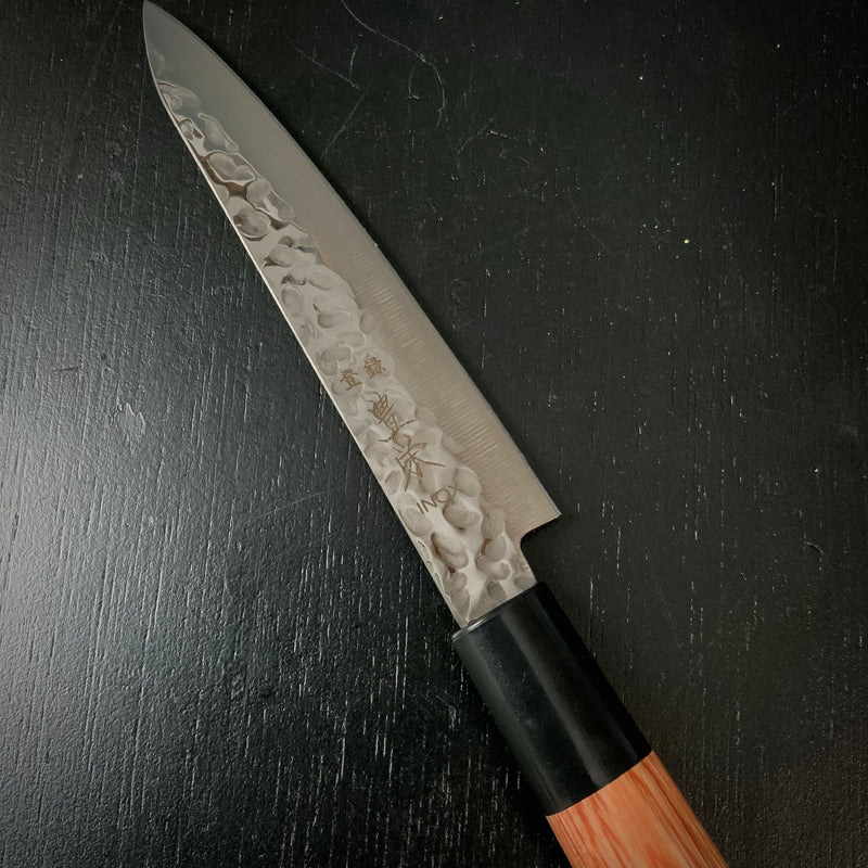 Houei INOX Chef Petit knife  Satoru brown plywood with rounded edges   /  豊榮 INOX 鎚目 茶合板丸柄 ペティ 120mm