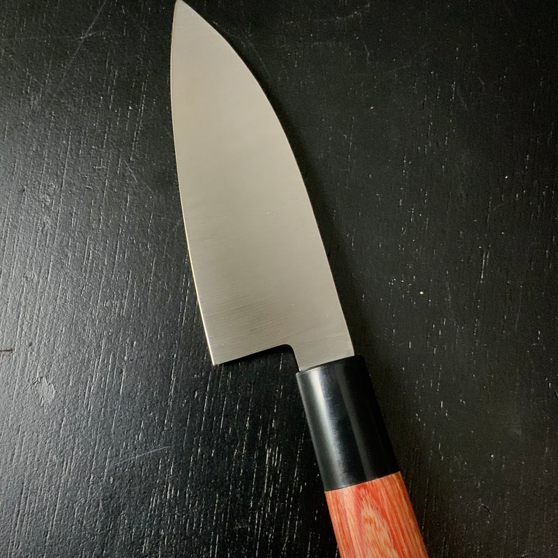 Houei INOX Chef knife KOIDO Satoru brown plywood with rounded edges   /  豊榮 INOX 鎚目 茶合板丸柄 小出刄 105mm