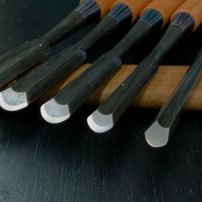 Unknown Soto maru chisels set with White steel    作者不明 外丸組鑿 5本組 Sotomarunomi