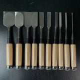 Tasai Dovetail Bench chisels set with blue steel Oirenomi 田斎作 黒仕上 鎬追入組鑿 10本組