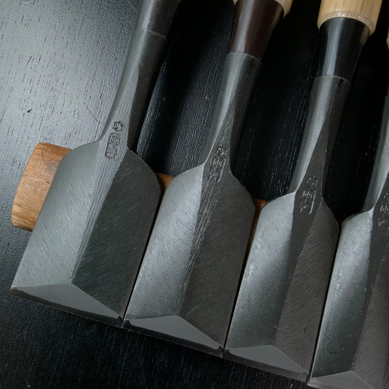 Tasai Dovetail Bench chisels set with blue steel Oirenomi 田斎作 黒仕上 鎬追入組鑿 10本組