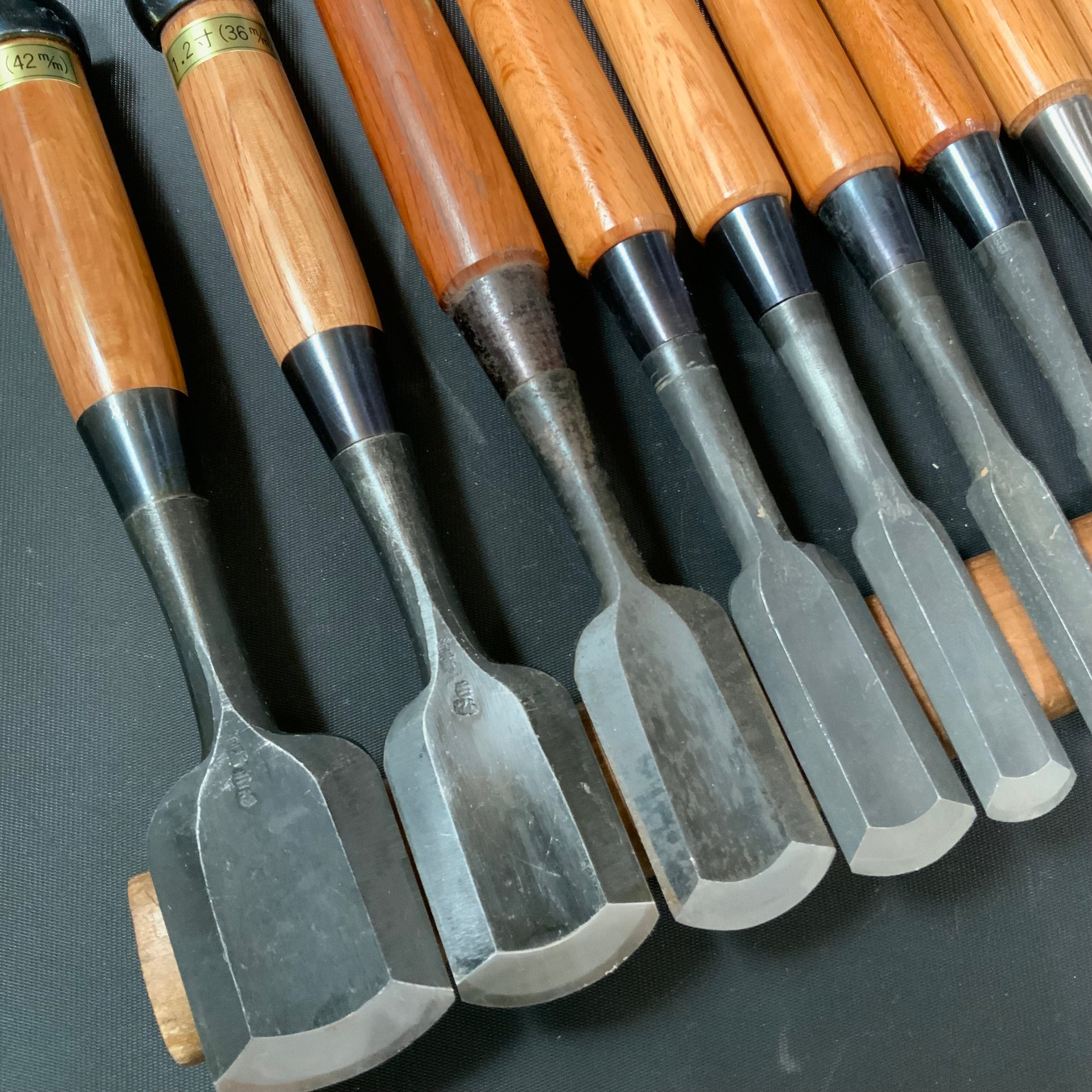#14 Old stock Soto maru chisels set with white steel 掘出し物 外丸組鑿 10本組 Sotomarunomi
