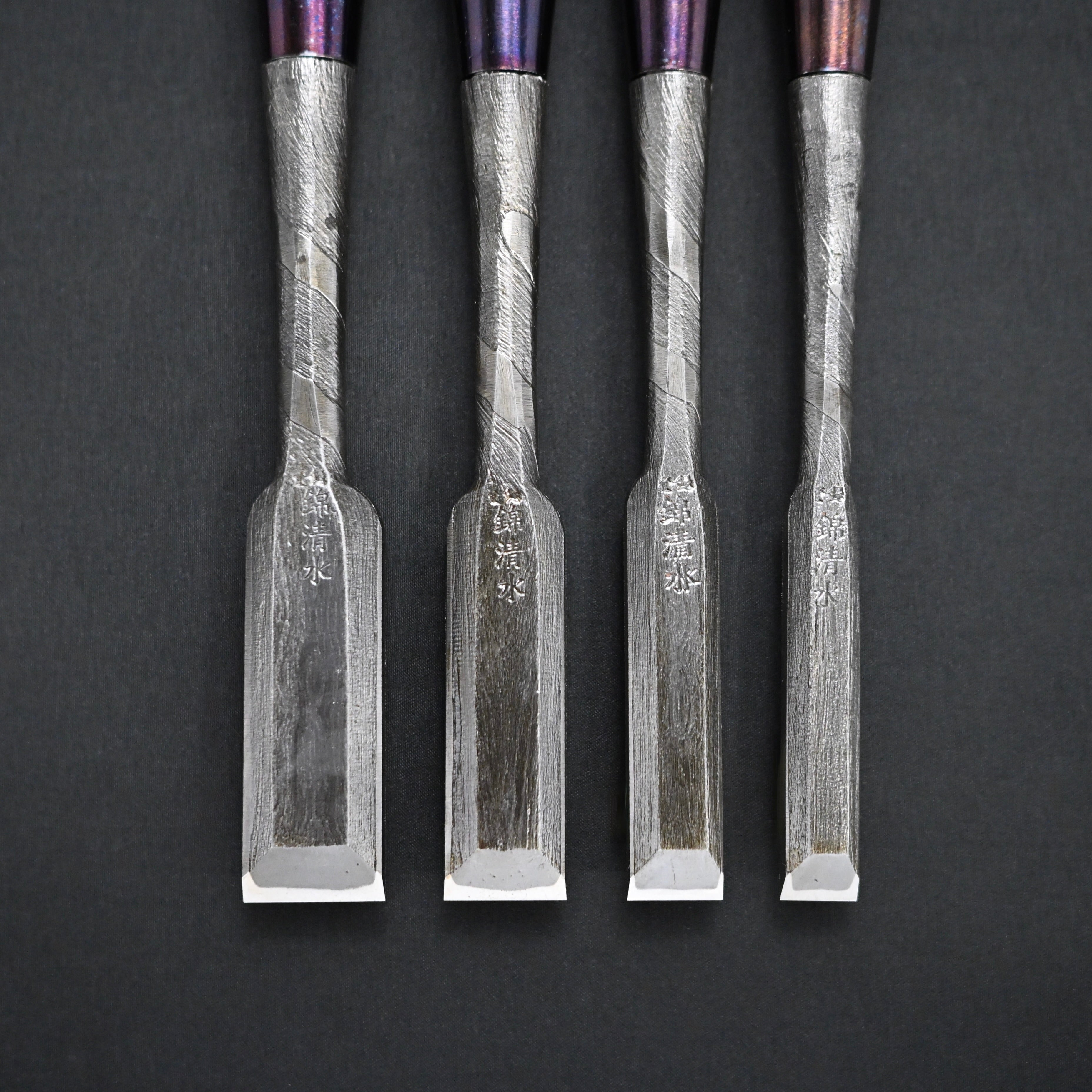 錦清水 木目打捻り 追入組鑿 15本組   Rare stock Nishiki Kiyomi Mokume Bench Chisels 15pc set