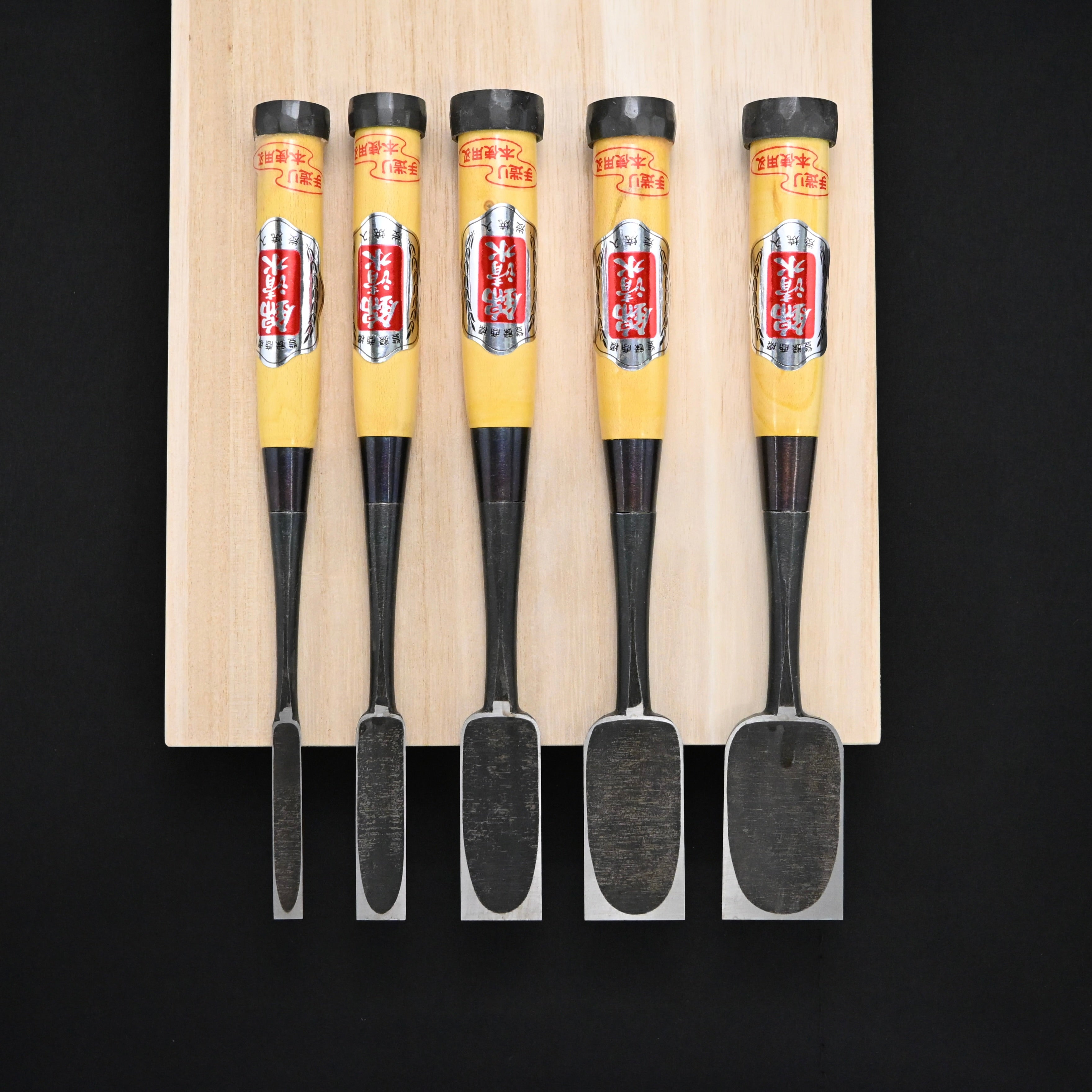 #9掘出し物  錦清水 鑿5本セット グミ柄     Rare Stock Nishiki Kiyomi Chisels Set 5pc with Gumi Handle