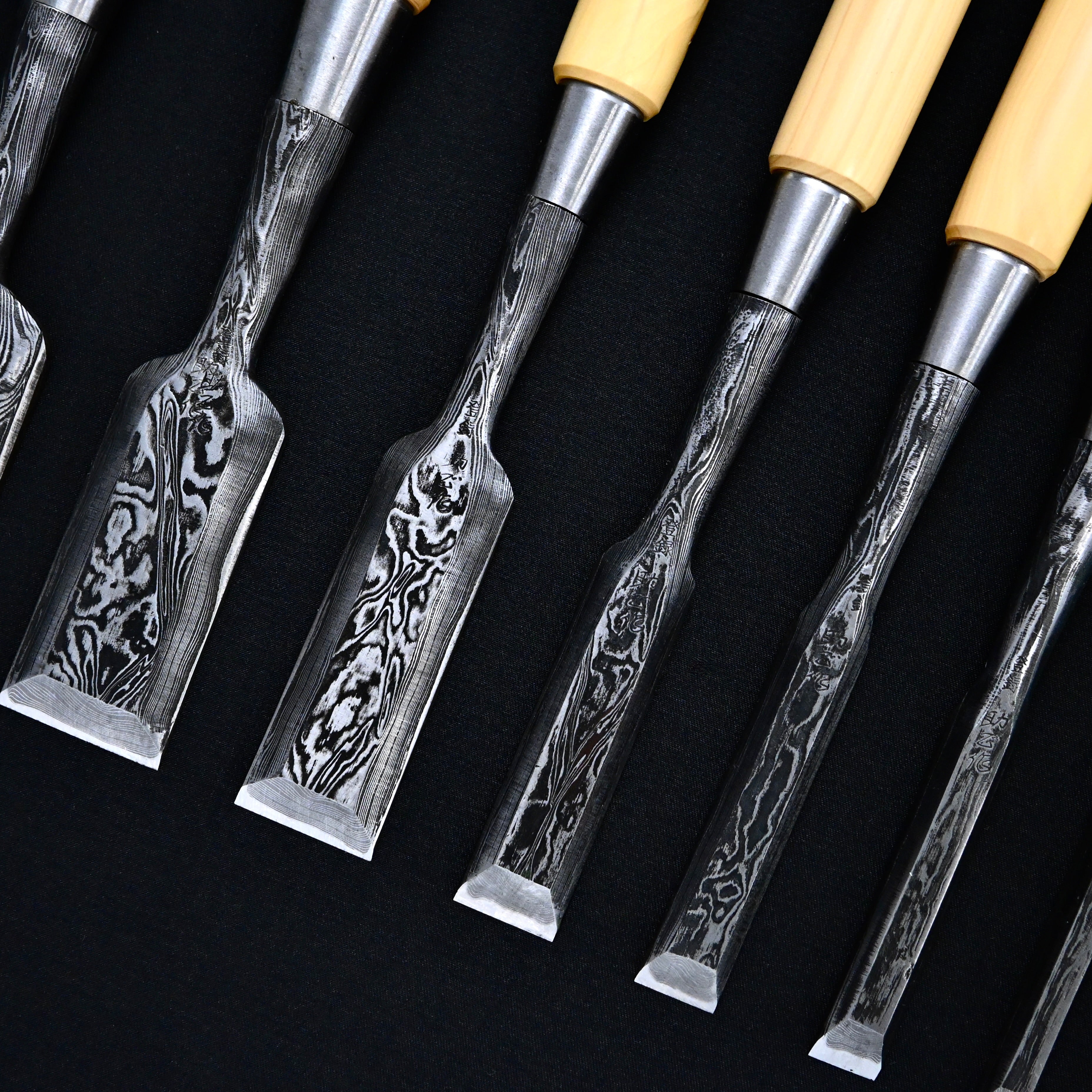 Sukemasa Suminagashi Bench chisels set with Box wood Handles 助正 墨流し 追入組鑿  柘植柄付