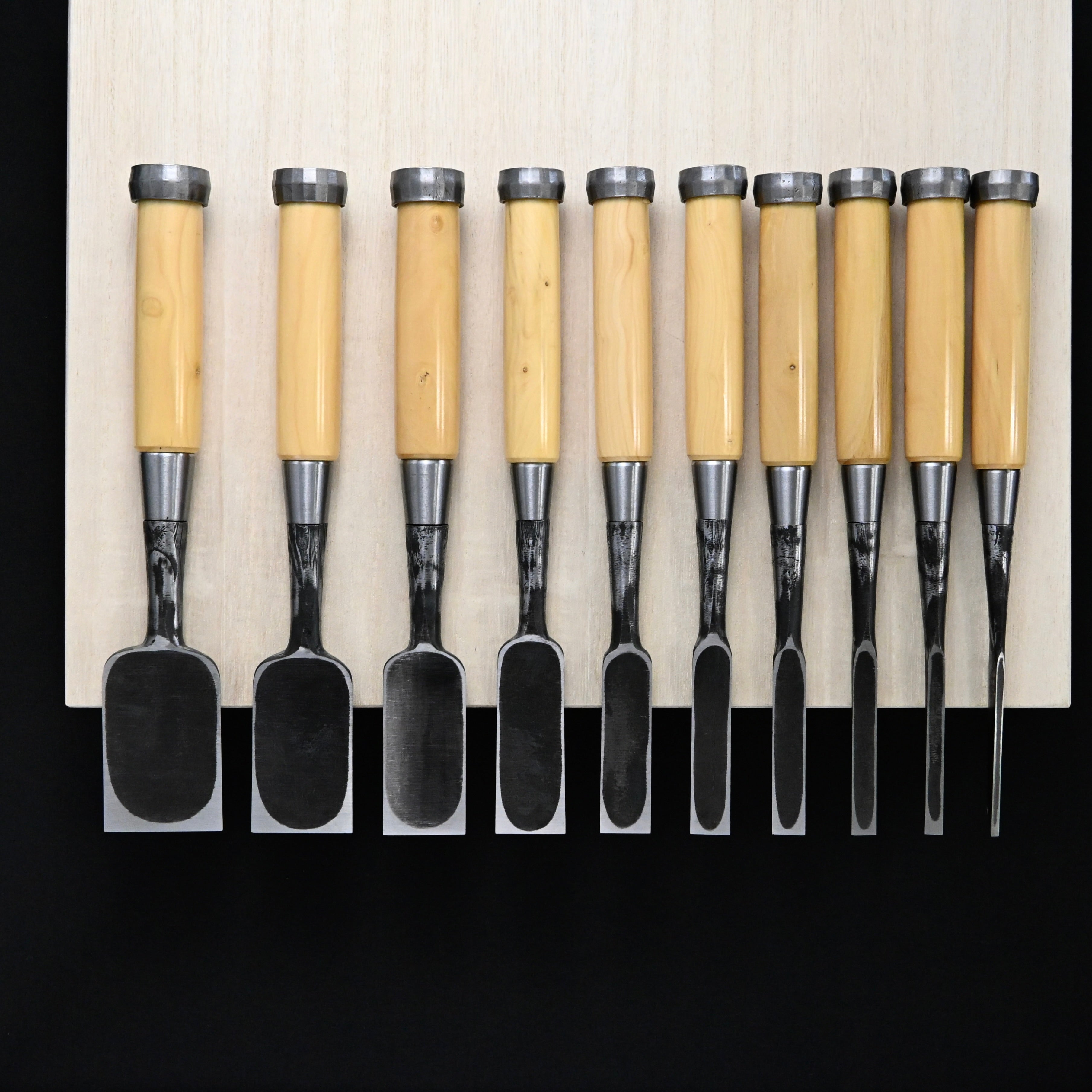 Sukemasa Suminagashi Bench chisels set with Box wood Handles 助正 墨流し 追入組鑿  柘植柄付