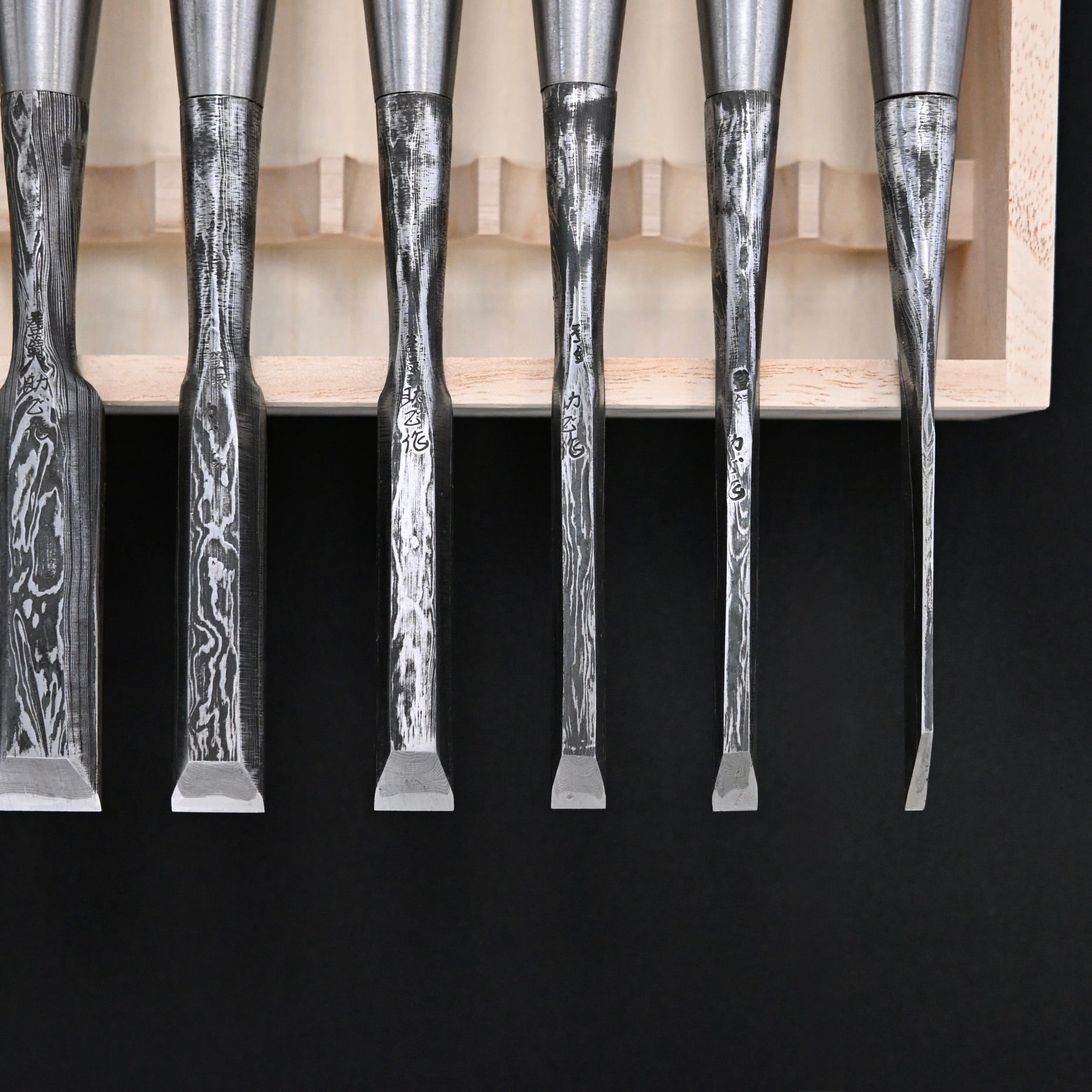 Sukemasa Suminagashi Bench chisels set with BoxWood Handles  助正 墨流し 追入組鑿 柘植柄 白紙鋼 Oirenomi
