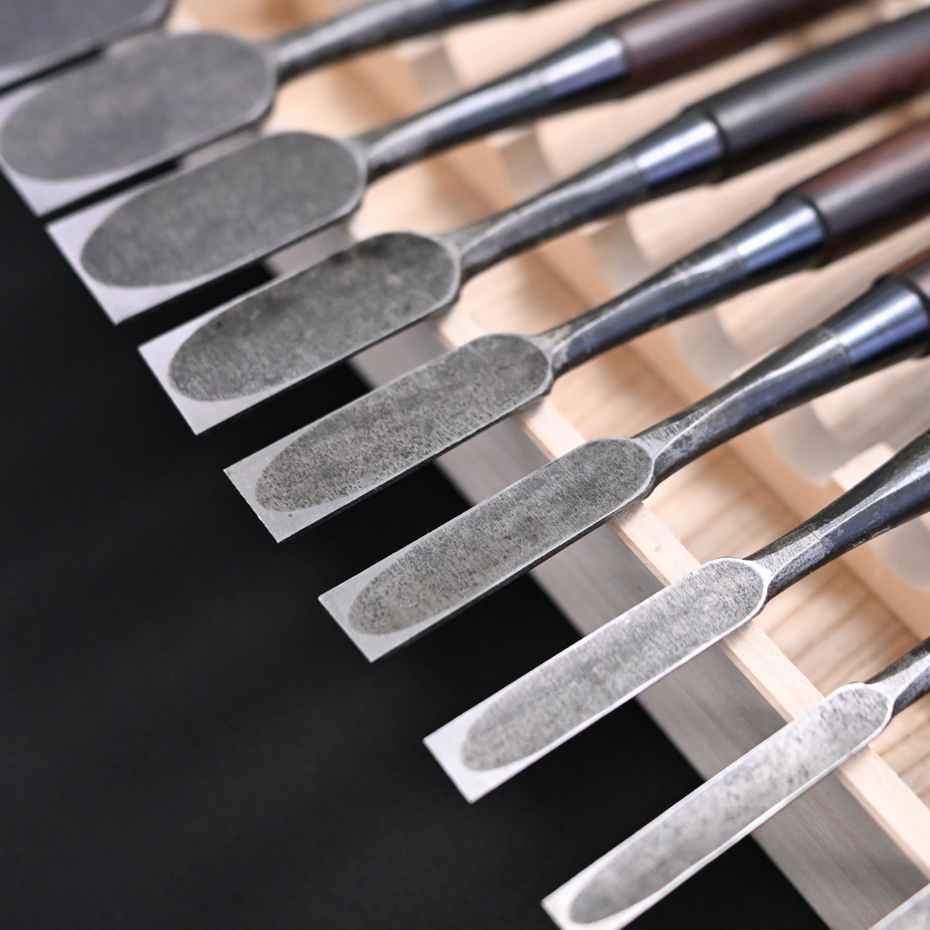 Kanetake Bench chisels set with Ebony Handle by Takahashi Norikazu  高橋典三作 カネ武 追入組鑿 黒檀柄