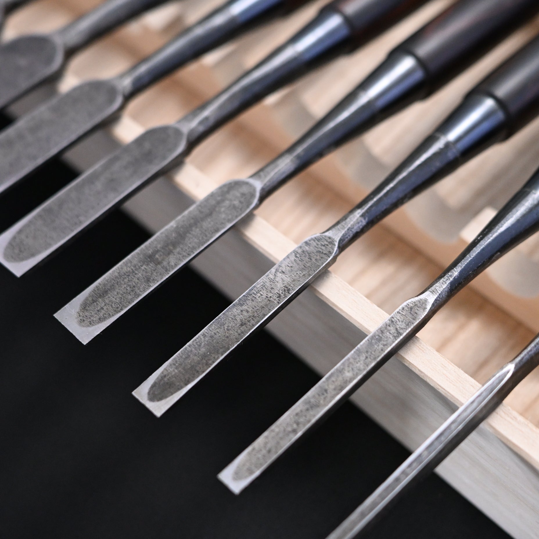 Kanetake Bench chisels set with Ebony Handle by Takahashi Norikazu  高橋典三作 カネ武 追入組鑿 黒檀柄