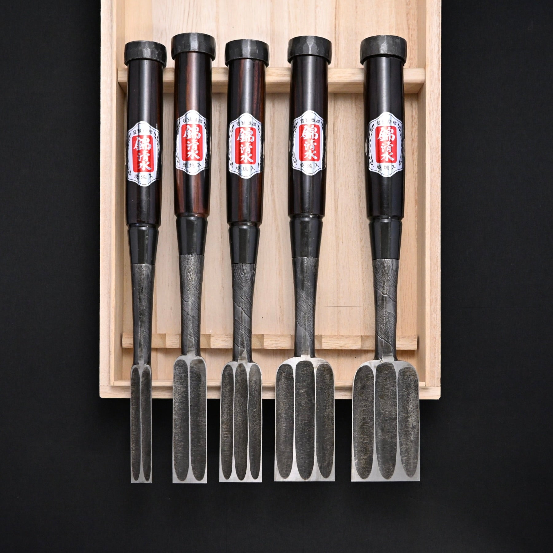 #12掘出し物  錦清水 叩き鑿5本組 黒檀柄     Rare Stock Nishiki Kiyomi Timber Chisels Set 5pc with Ebony Handle