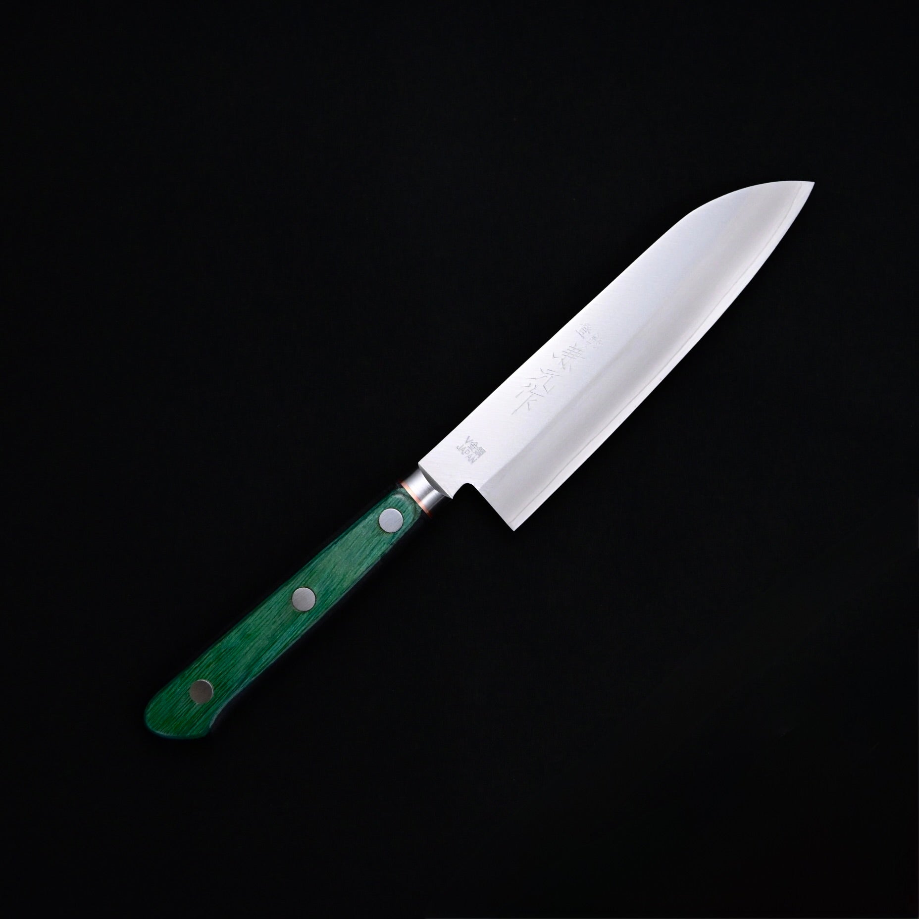 Kanemoto Small Santoku kitchen knife Green Handle  兼元 小三徳包丁 DPゴールド 140mm 緑合板柄