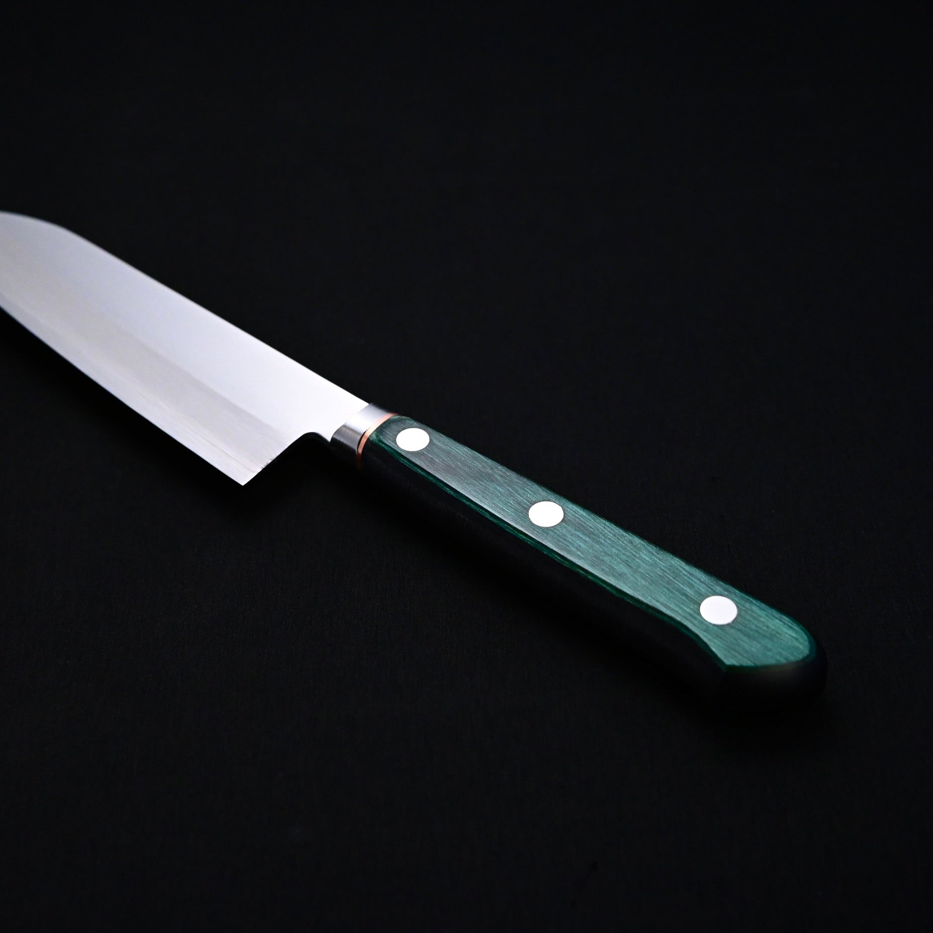 Kanemoto Small Santoku kitchen knife Green Handle  兼元 小三徳包丁 DPゴールド 140mm 緑合板柄