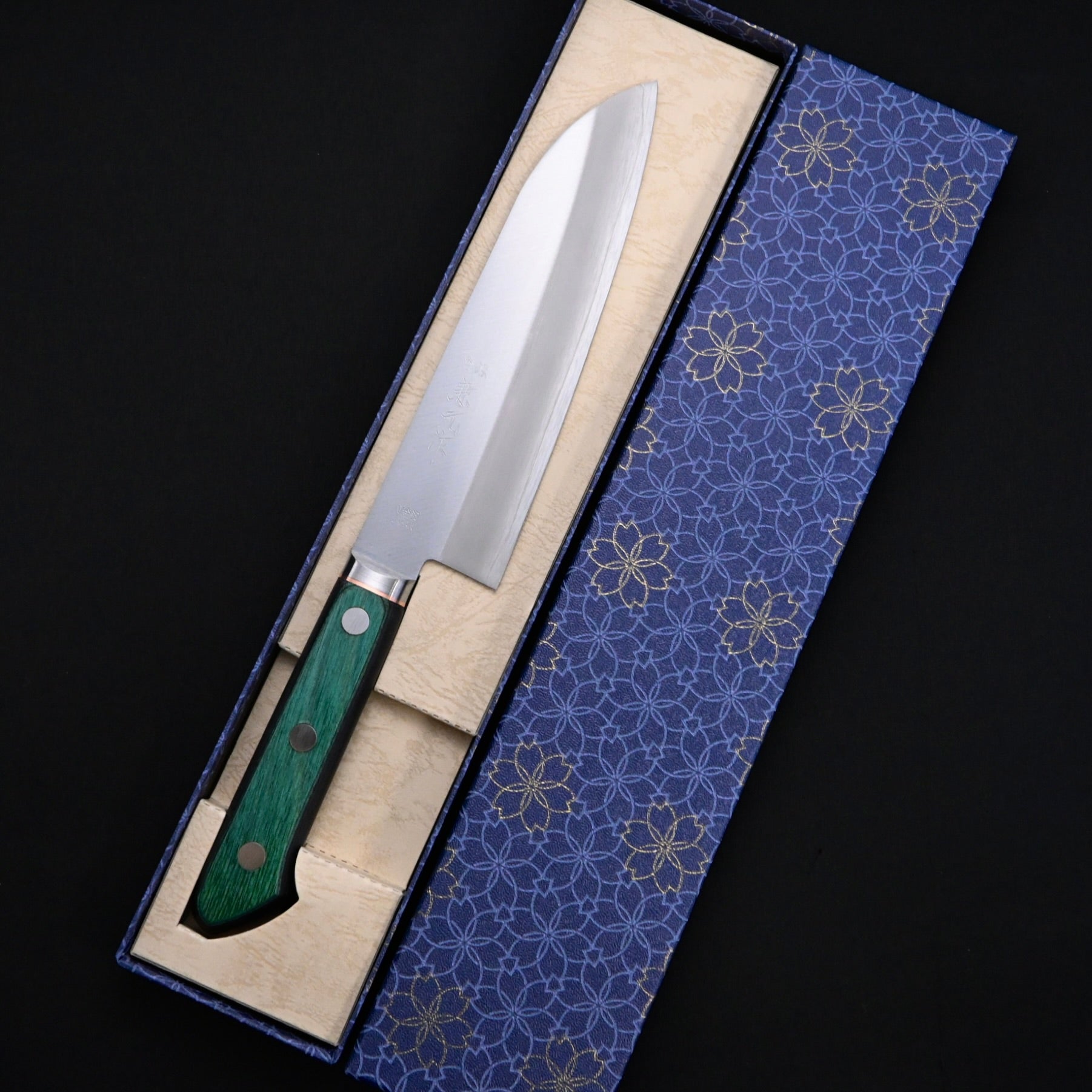 Kanemoto Santoku kitchen knife Green Handle  兼元 三徳包丁 DPゴールド 170mm 緑合板柄