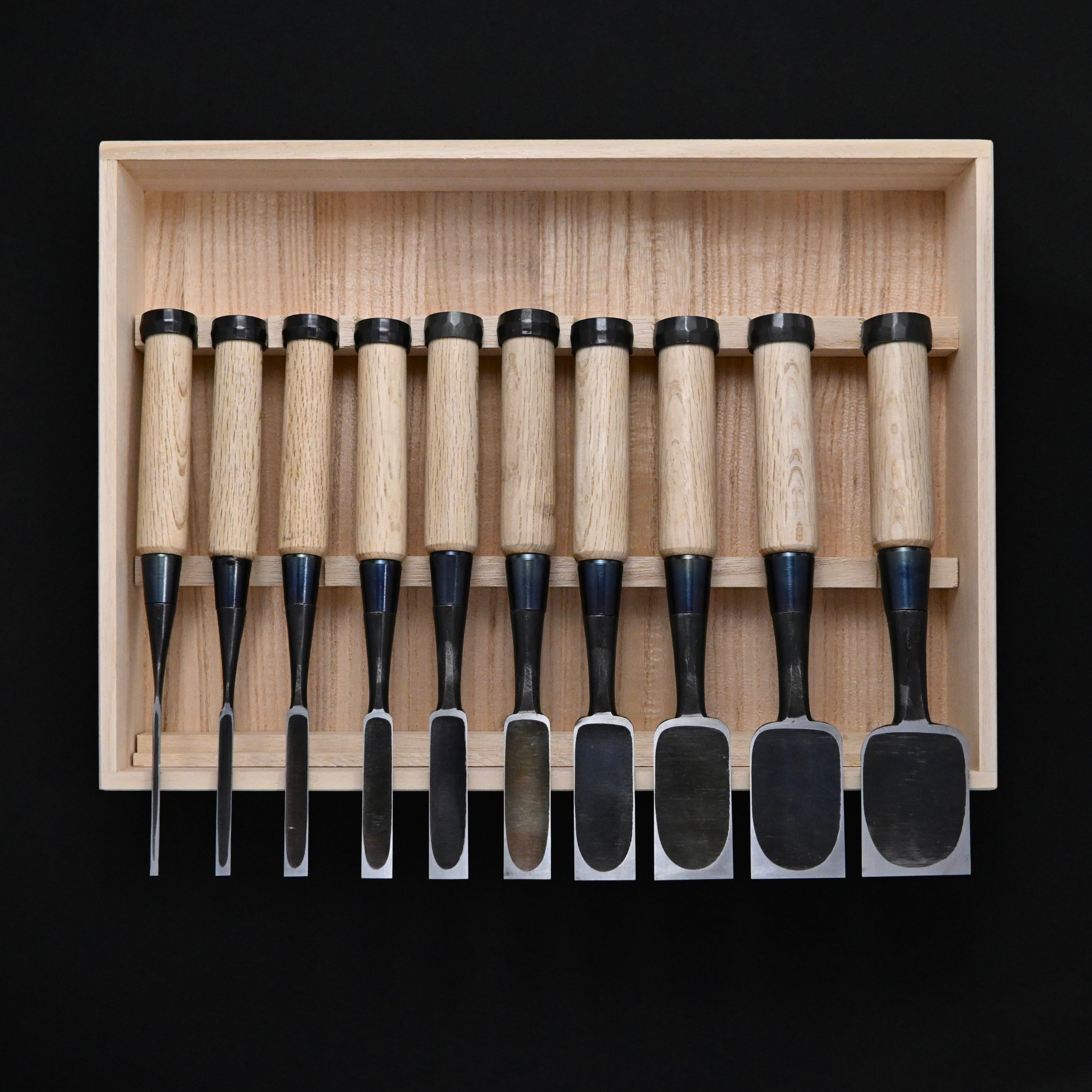 二治弘 鎬 追入組鑿 白樫柄    Nijihiro Dovetail Bench chisels set white Oak Handle by Chuutarou Imai (Fujihiro)