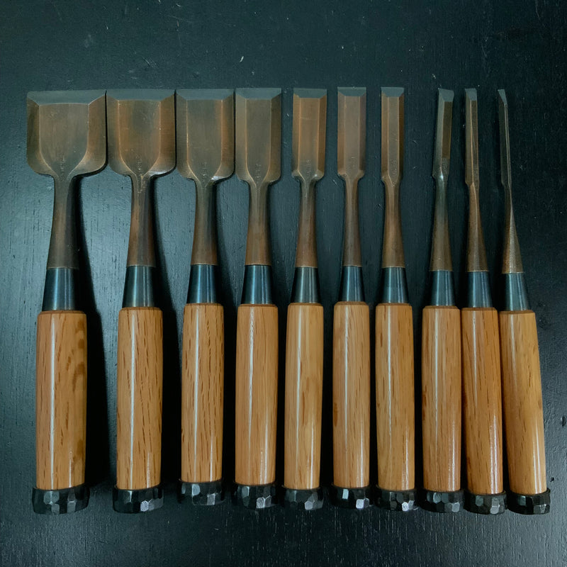 Old stock #8 Sukemaru 4th Masanori Wholesaler stamp High-Speed Steel Bench chisels set 掘出し物 四代助丸 正則 ハイス鋼追入組鑿 Oirenomi