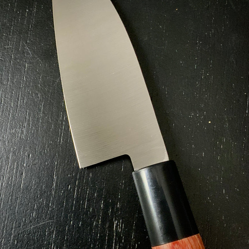 Houei INOX Chef knife KOIDO Satoru brown plywood with rounded edges   /  豊榮 INOX 鎚目 茶合板丸柄 小出刄 105mm