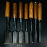 Old stock Kiyohisa timber chisels set by Watanabe Kiyoe 掘出し物 渡辺清栄作 清久 叩き組鑿 7本組