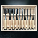 Takashiba Bench chisels set (Oirenomi) with wooden box 高芝 追入組鑿 青紙鋼 桐箱付