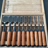 Old stock Osahiro (Nagahiro) Bench chisels set  掘出し物 長弘 追入組鑿 10本組  Oirenomi