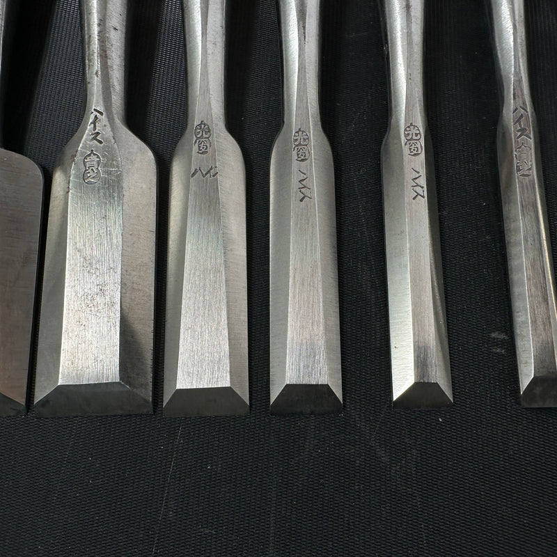 Old stock #5 Sukemaru 4th Wholesaler stamp High-Speed Steel Bench chisels set 掘出し物 四代助丸 問屋銘 ハイス鋼追入組鑿 Oirenomi