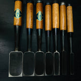 Old stock Kiyohisa timber chisels set by Watanabe Kiyoe 掘出し物 渡辺清栄作 清久 叩き組鑿 7本組