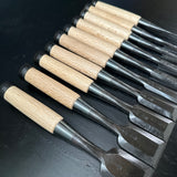 Takashiba Bench chisels set (Oirenomi) with wooden box 高芝 追入組鑿 青紙鋼 桐箱付