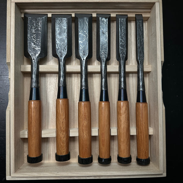 Sukemasa Timber chisels set Suminagashi finish with White steel     助正 墨流し 叩組鑿 6本組 Tatakinomi