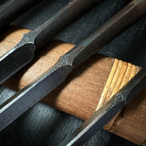 Lightly used Hidari Ichihiro Second Generation  Maru shorter Timber chisels set by Yamazaki Shouzou 山崎正三作 左市弘  丸半叩き組鑿 使用品 Used Tatakinomi