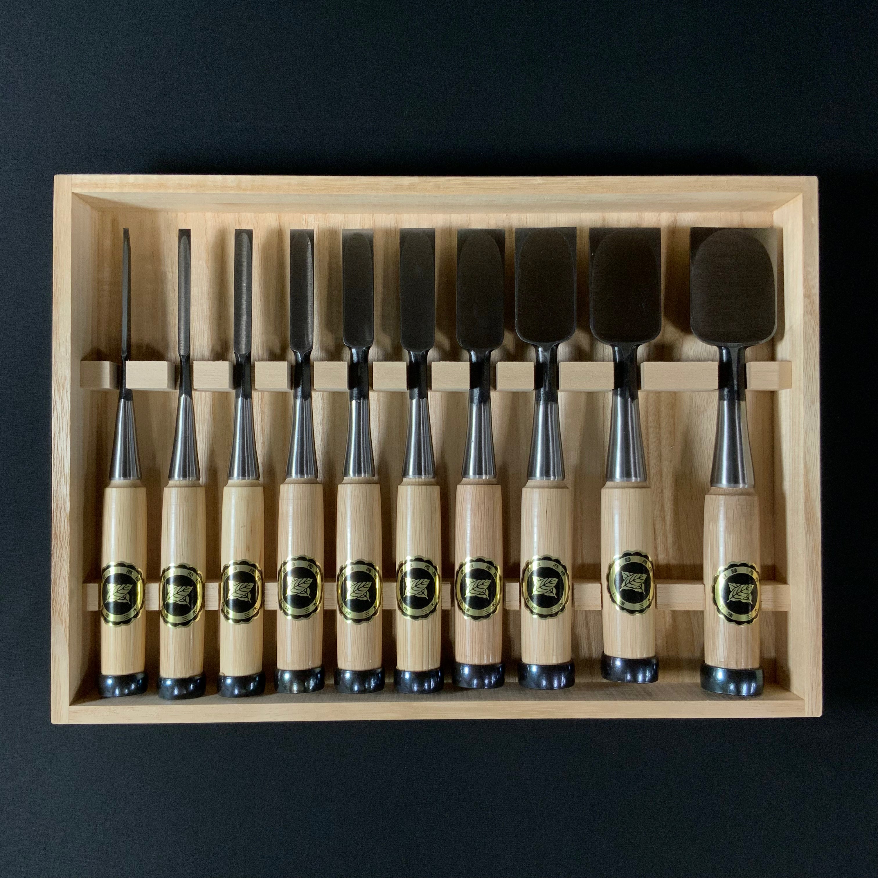 #3 Ouchi Bench chisels set by Ouchi 4th generation white Oak Handle  宗家大内 追入組鑿 芯持白樫柄 桐箱付 四代目大内俊明作