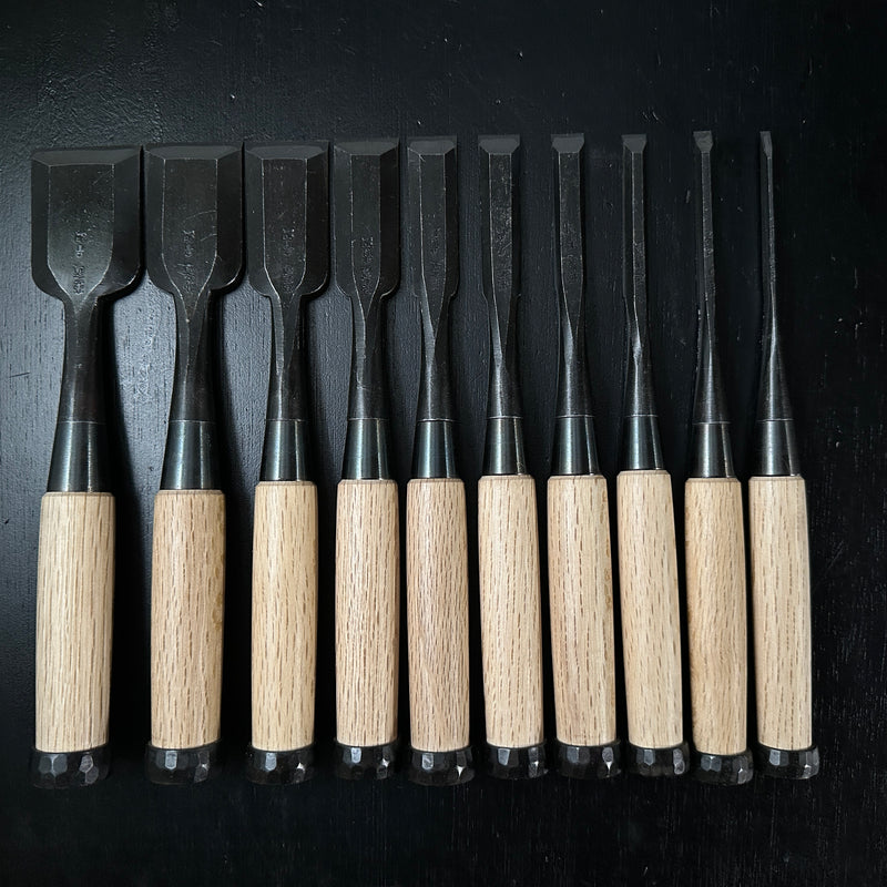 Takashiba Bench chisels set (Oirenomi) with wooden box 高芝 追入組鑿 青紙鋼 桐箱付