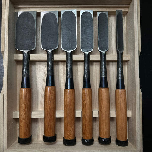 Sukemasa Timber chisels set Suminagashi finish with White steel     助正 墨流し 叩組鑿 6本組 Tatakinomi