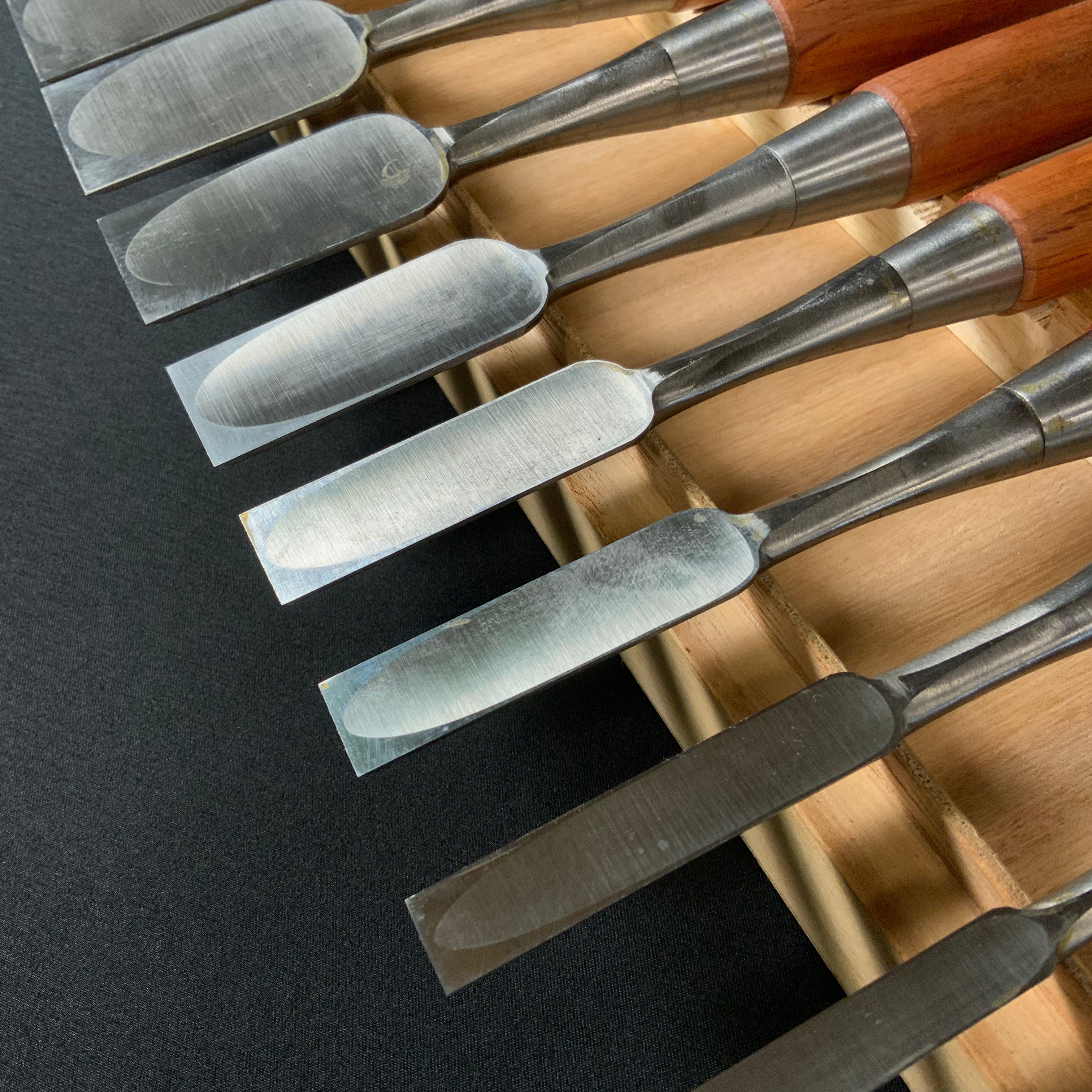 掘出し物 三代目よし栄 追入10本組鑿 龍彫入   Vintage Yoshiei (3rd Generation) Bench chisels set with Dragon engraving    Oirenomi