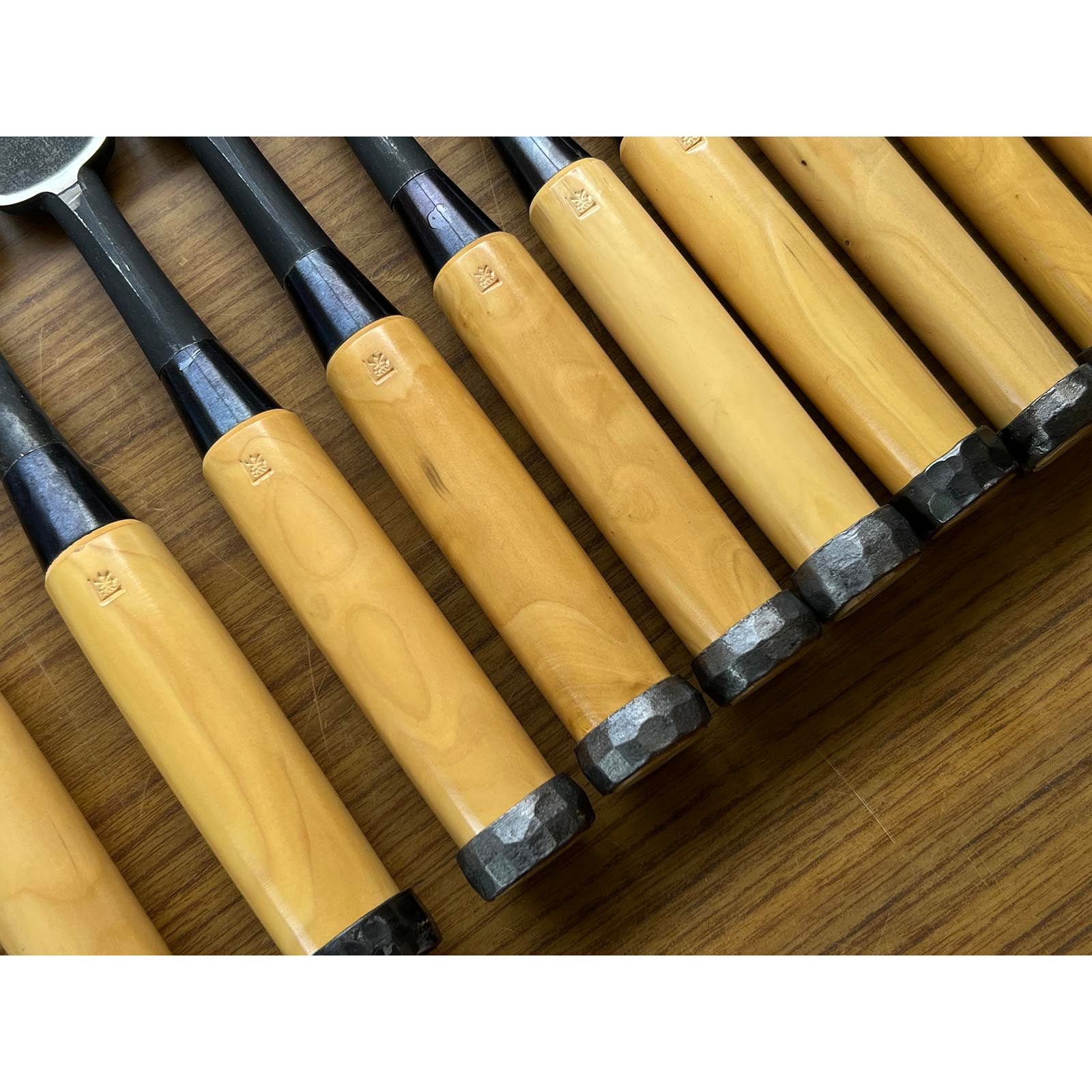 Old Stock Hidari Ichihiro Bench chisels set by Ichihiro 3rd Generations 掘出し物  左市弘10本組 追入組鑿 黄楊柄 Oirenomi