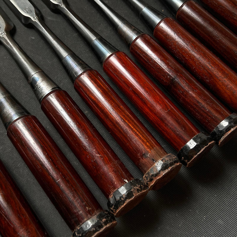 Used Etoshi Bench chisels set with rose wood handle  中古 栄とし 追入組鑿 10本組  Oirenomi