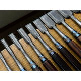 Old stock Nishiki Ryu Mokume Bench chisels set (Oirenomi) 掘出し物 錦政男作 錦龍 木目追入鑿16本組