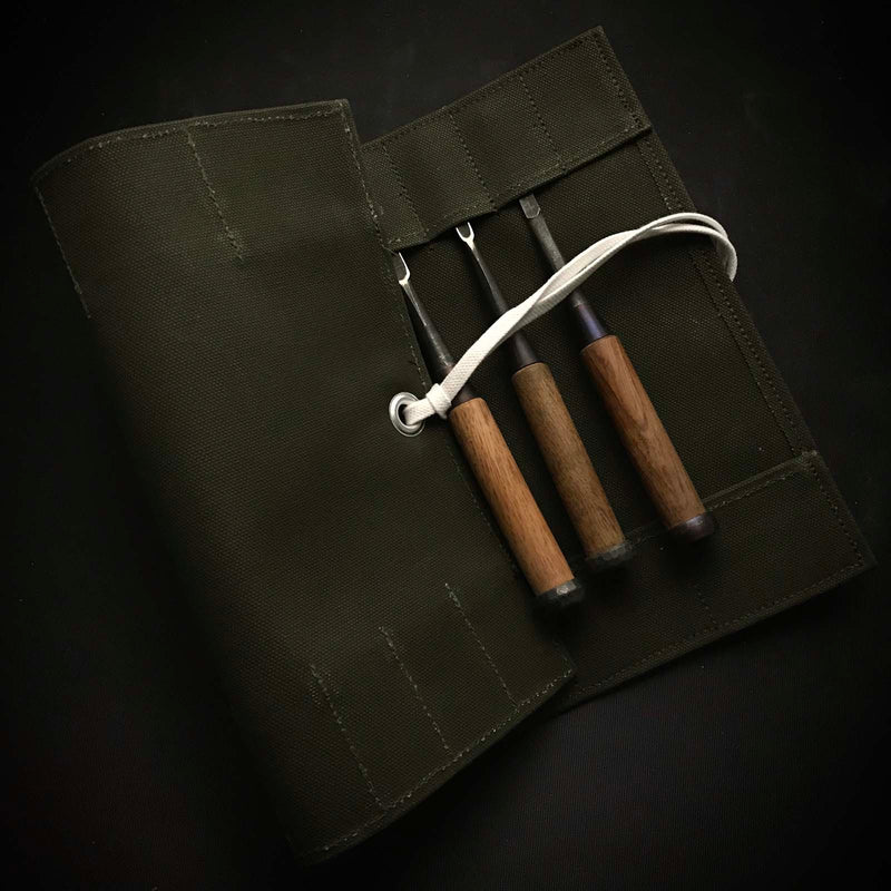 Chisel and Tool Roll Cloth Bag For Timber chisels  鑿巻き 叩き鑿用 布製 Green