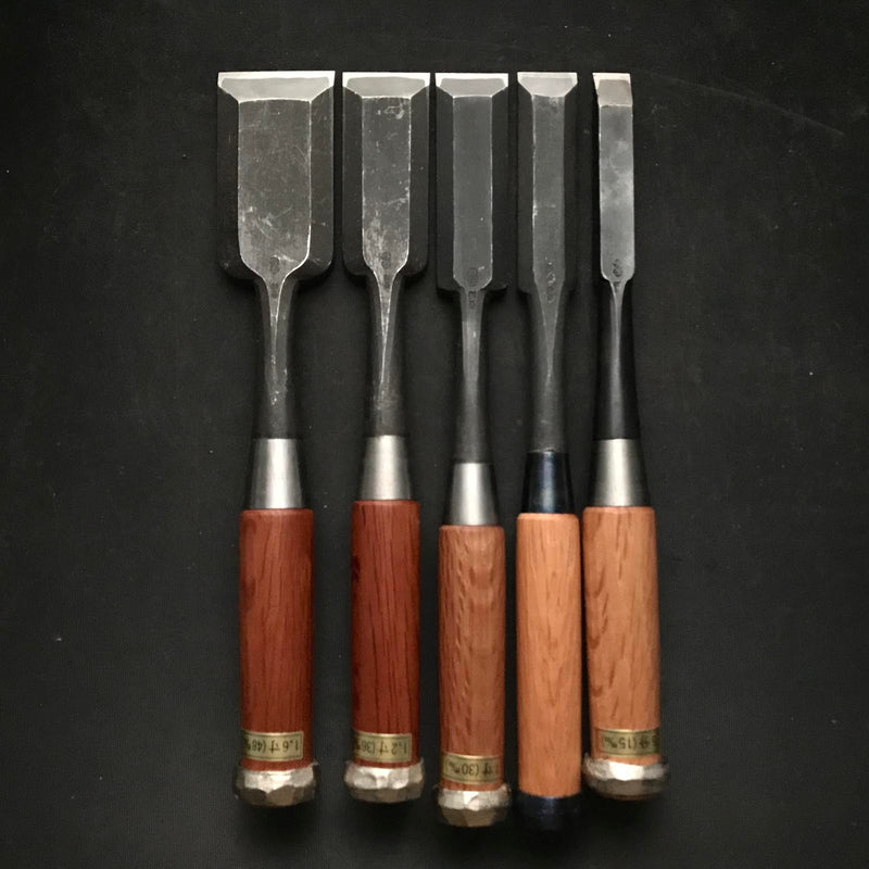 Old stock #4 Mixed set for beginner Timber chisels set with White steel 掘出し物 バラ鑿合わせ 初心者におすすめ  叩鑿5本組 Tatakinomi