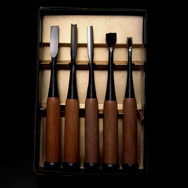Old stock Carving chisels set with Blue steel  掘出し物 彫刻組鑿 5本