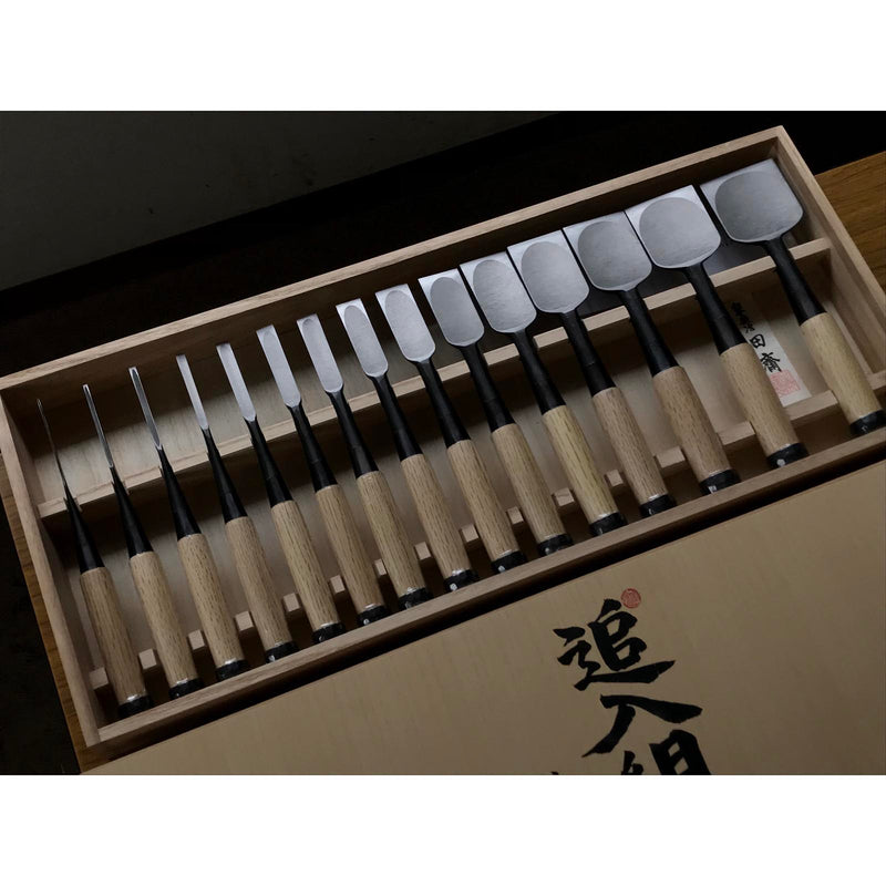 Tasai Bench chisels set with blue steel Oirenomi 田斎作 黒仕上 追入組鑿 15本组 –  YAMASUKE KurashigeTools