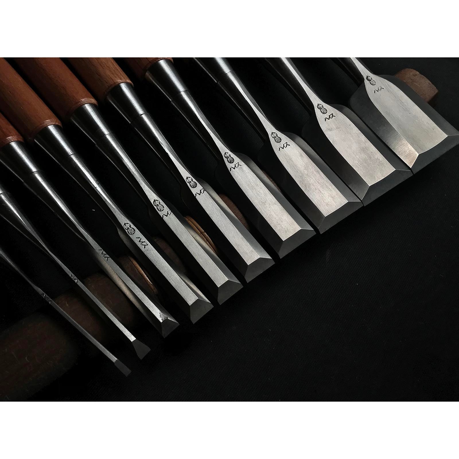 Old stock Wholesaler stamp Sukemaru 4th High-Speed Steel Bench chisels set 掘出し物 四代助丸 問屋銘 ハイス鋼追入組鑿 Oirenomi