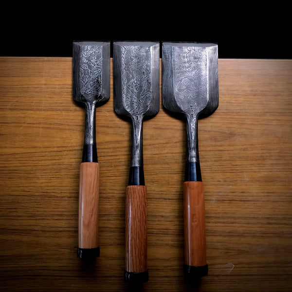 Sukemasa Extra width Damascus style Timber chisels with white steel 助正 墨流し 幅広叩き鑿  60,75,90mm Tatakinomi