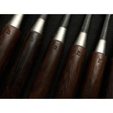 Old stock Fujichika Bench chisels set with Traditional pattern (Pine、Bamboo and Plum)  掘出し物 藤近 松竹梅 追入10本組鑿 黒檀柄 Oiirenomi