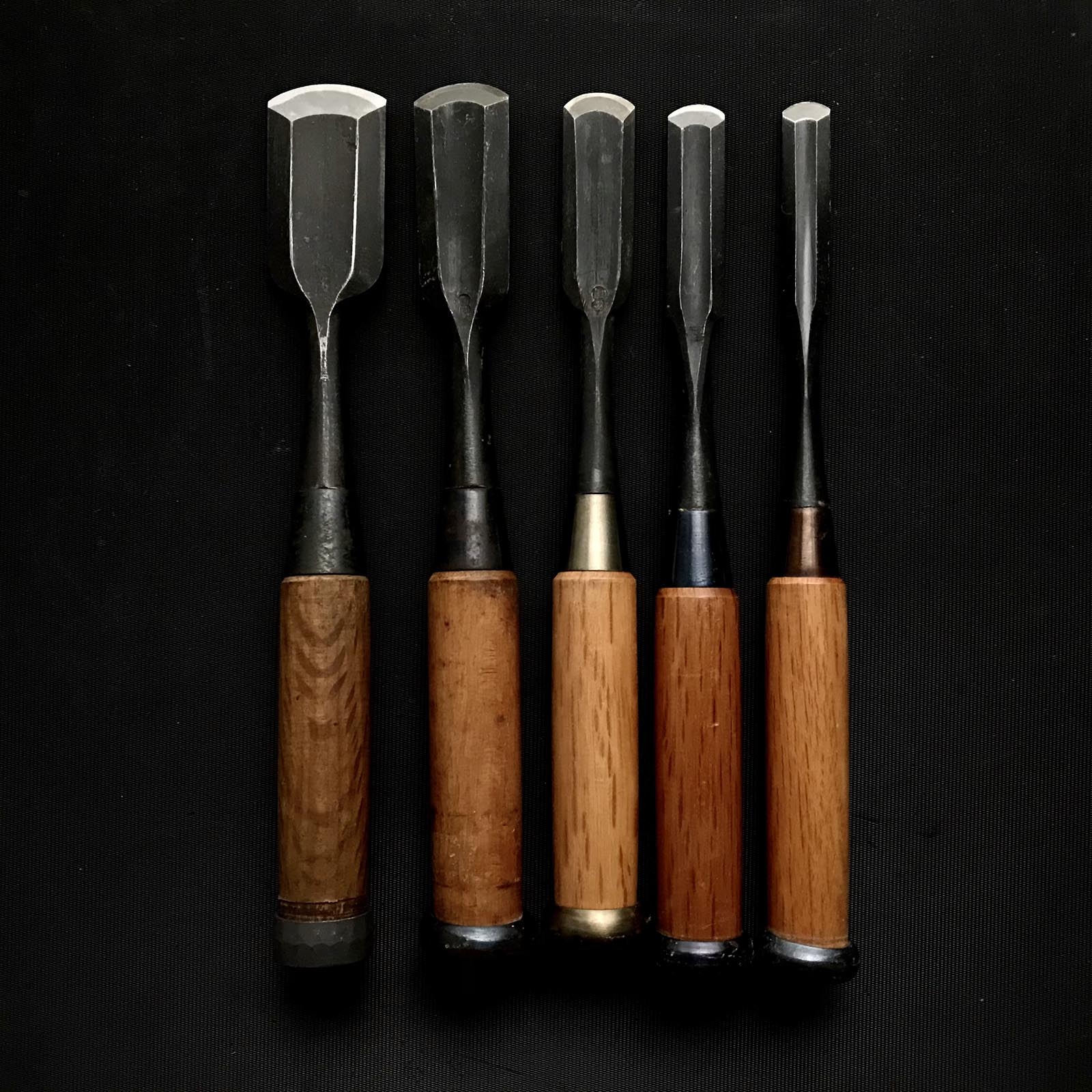 #10 Old stock Soto maru chisels set with white steel 掘出し物 外丸組鑿 5本組 Sot ...